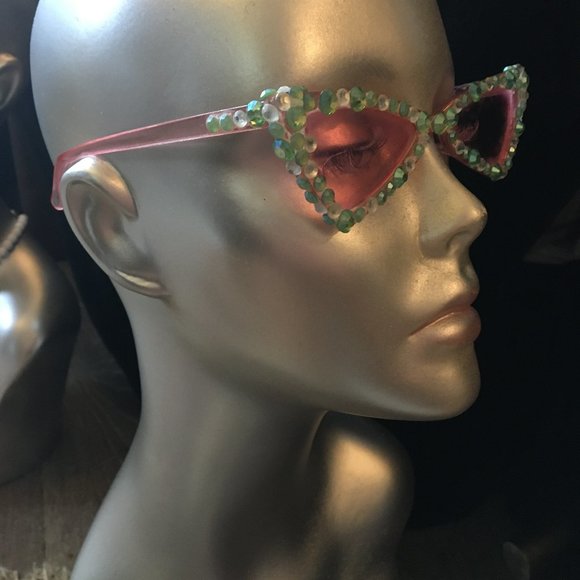 Vintage Retro Pink Cat Eye Glasses w Green Crystals Women\'s Accessories Sun